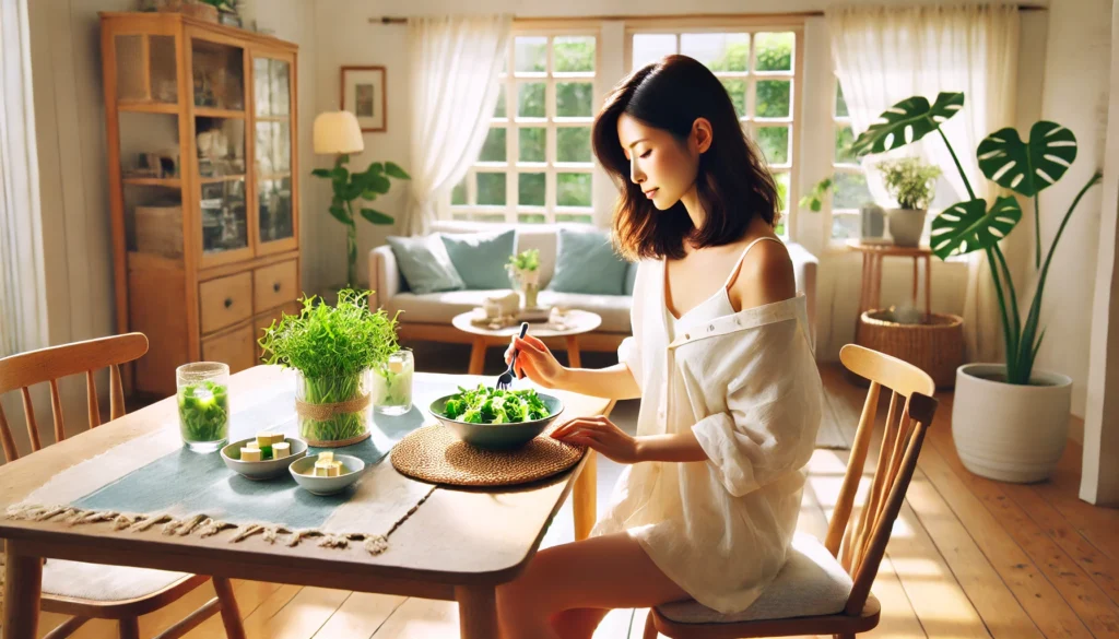 水菜と豆腐のサラダを食べてる女性の画像生成